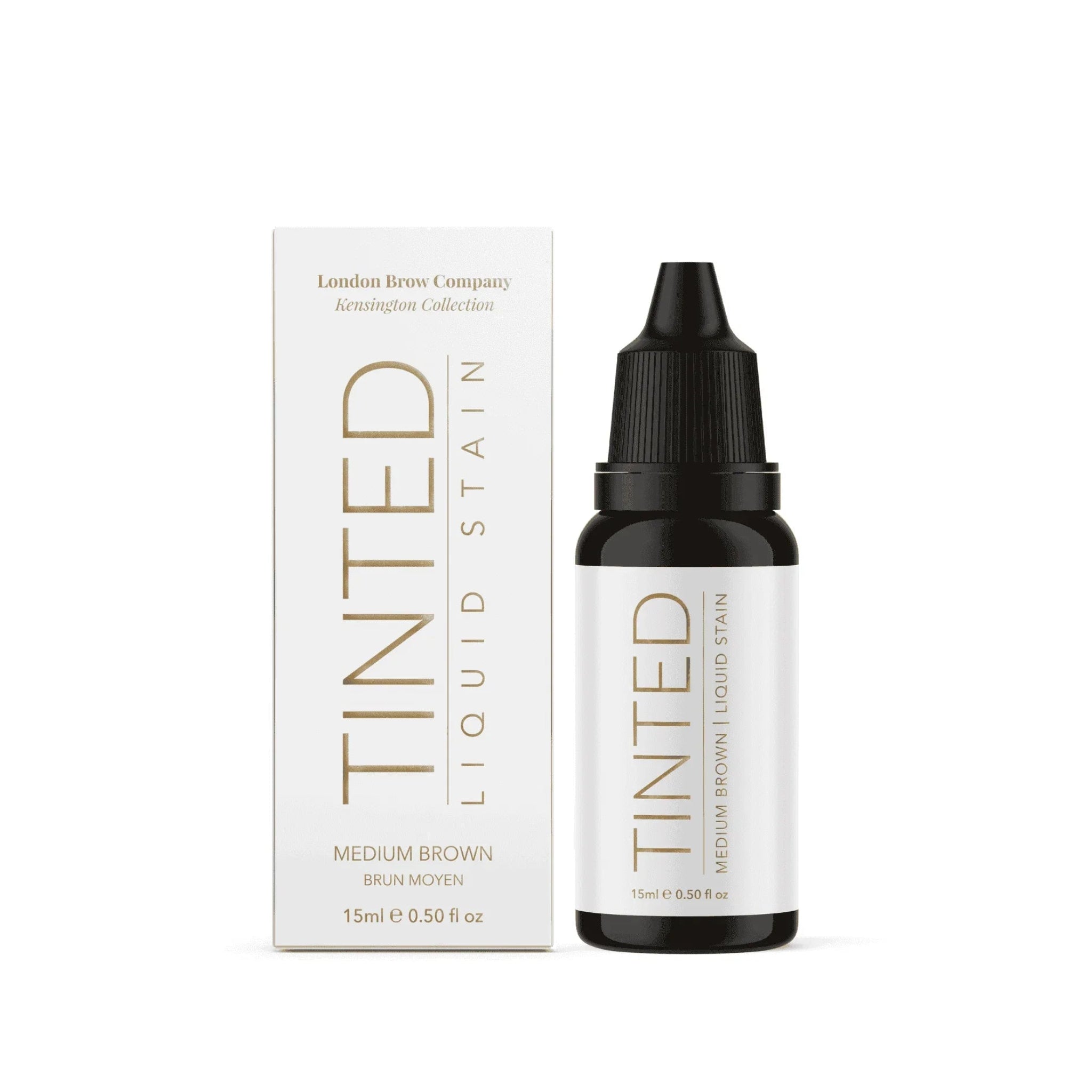 London Brow Company Kensington Collection Tinted Liquid Stain Medium Brown shade product shot showing dark amber 15ml dropper bottle labelled Tinted Medium Brown Liquid Stain alongside its white retail box labelled Medium Brown Brun Moyen 15ml 0.50 fl oz from front angle on white background