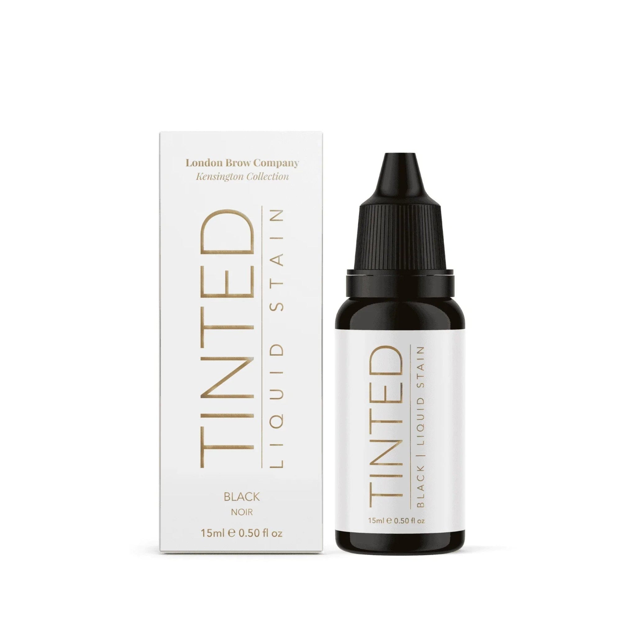 London Brow Company Kensington Collection Tinted Liquid Brow Stain 15ml product shot showing dark amber glass dropper bottle with white label printed with Tinted Liquid Stain in gold serif font alongside its white retail box from front angle on white background