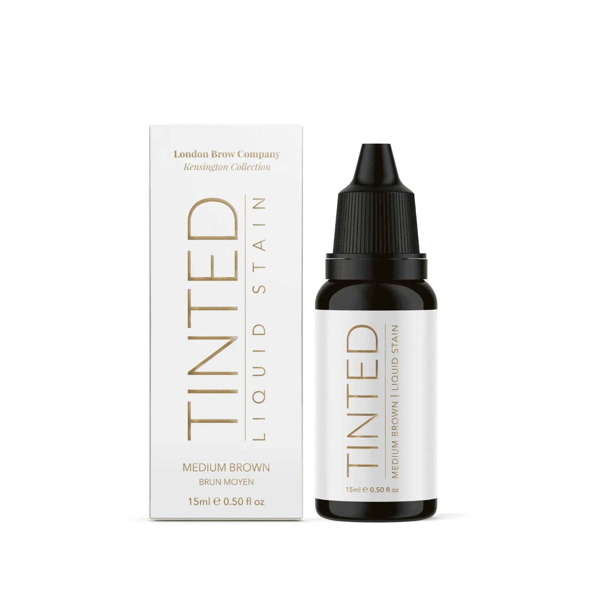 London Brow Company Kensington Collection Tinted Liquid Brow Stain 15ml Medium Brown shade product shot showing dark amber glass dropper bottle labelled Tinted Medium Brown Liquid Stain 15ml 0.50 fl oz alongside its white retail box labelled Medium Brown Brun Moyen from front angle on white background