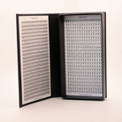 Ladybug Lashes Platinum Promade Tray Ultra Black open showing 920 fans across both panels angled side view