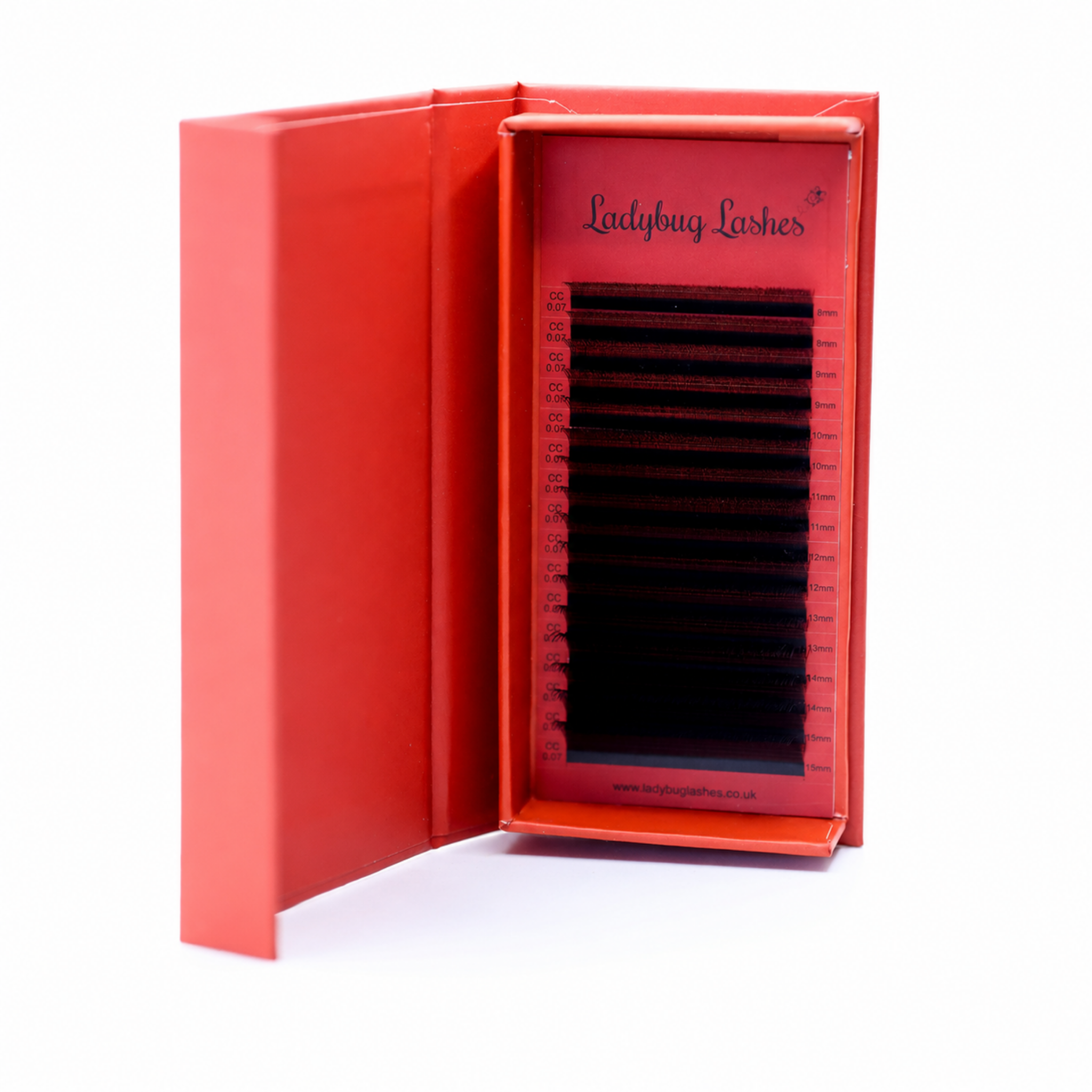 Ladybug Lashes U-Lashes Double Classics 2D 3D 4D 5D single length 16 row tray open in branded box showing full strip of U-shaped lash extensions front-facing view