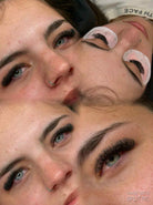 Close-up of a person with false eyelashes and a split photo effect.